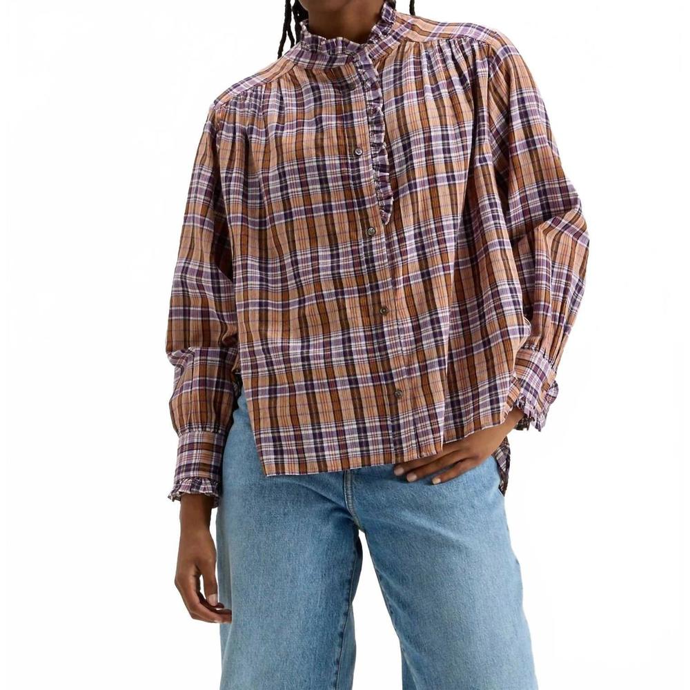 NEW BELLEROSE claudia mock neck blouse in brown check